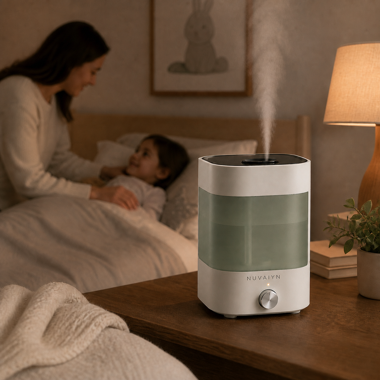 Nuvaiyn HumiCalm Smart Humidifier lifestyle scene with Nuvaiyn wordmark
