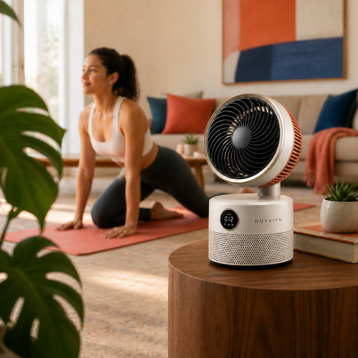 Nuvaiyn AeroPure Purifying Circulation Fan lifestyle scene with Nuvaiyn wordmark