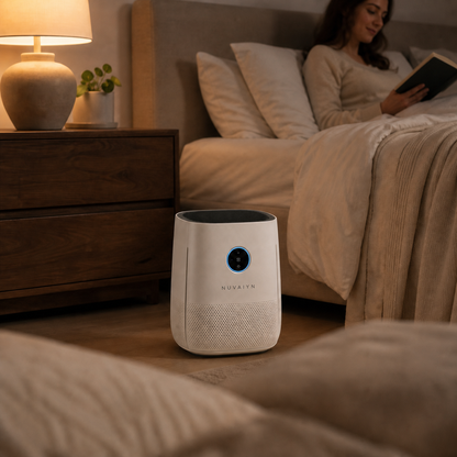 Nuvaiyn AirNest Compact Smart Air Purifier lifestyle scene with Nuvaiyn wordmark