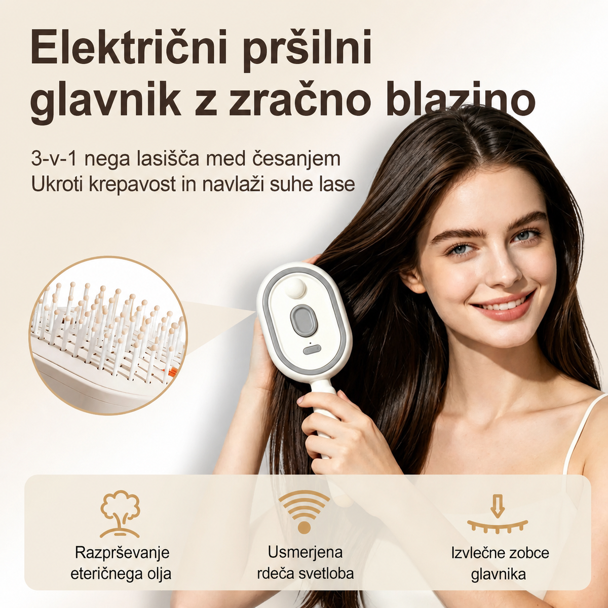 Električni pršilni glavnik z zračno blazino pri uporabi