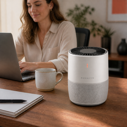 Nuvaiyn PurePod Personal Air Purifier lifestyle scene with Nuvaiyn wordmark