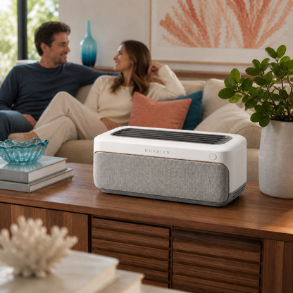 Nuvaiyn ConsoleAir Textile Smart Purifier lifestyle scene with Nuvaiyn wordmark