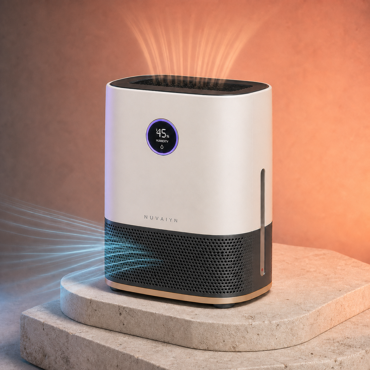 Nuvaiyn DryGuard Compact Smart Dehumidifier technology detail with Nuvaiyn wordmark