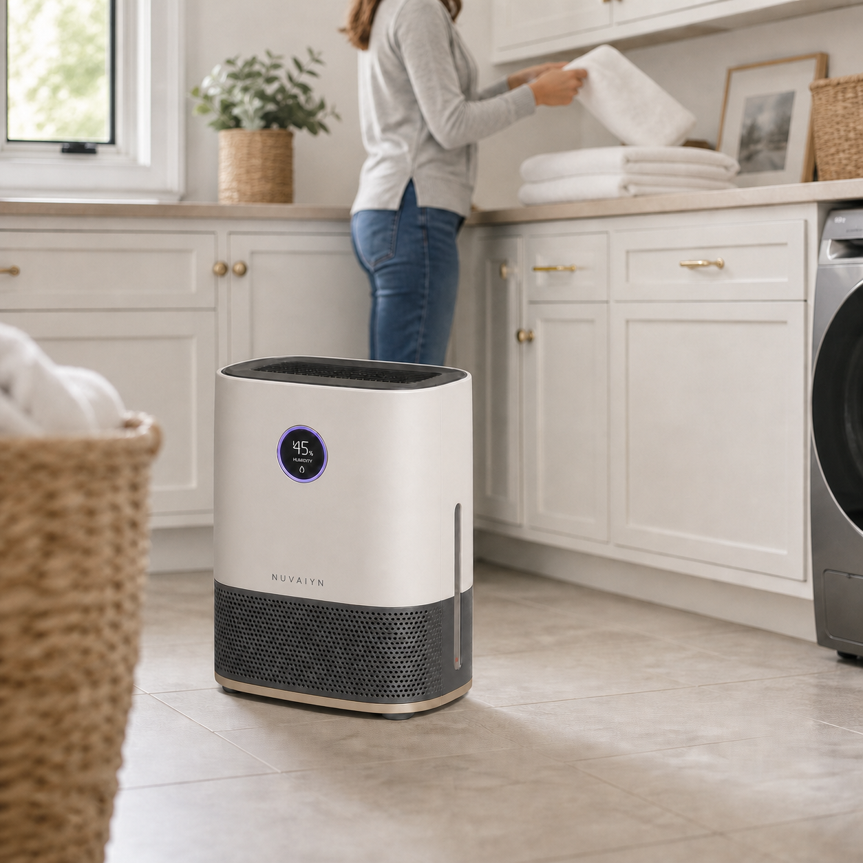 Nuvaiyn DryGuard Compact Smart Dehumidifier lifestyle scene with Nuvaiyn wordmark