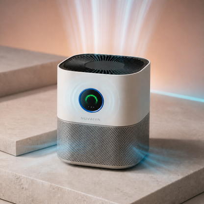 Nuvaiyn SensePure Air Monitor and Purifier technology detail with Nuvaiyn wordmark