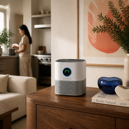 Nuvaiyn SensePure Air Monitor and Purifier lifestyle scene with Nuvaiyn wordmark