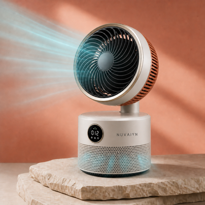 Nuvaiyn AeroPure Purifying Circulation Fan technology detail with Nuvaiyn wordmark