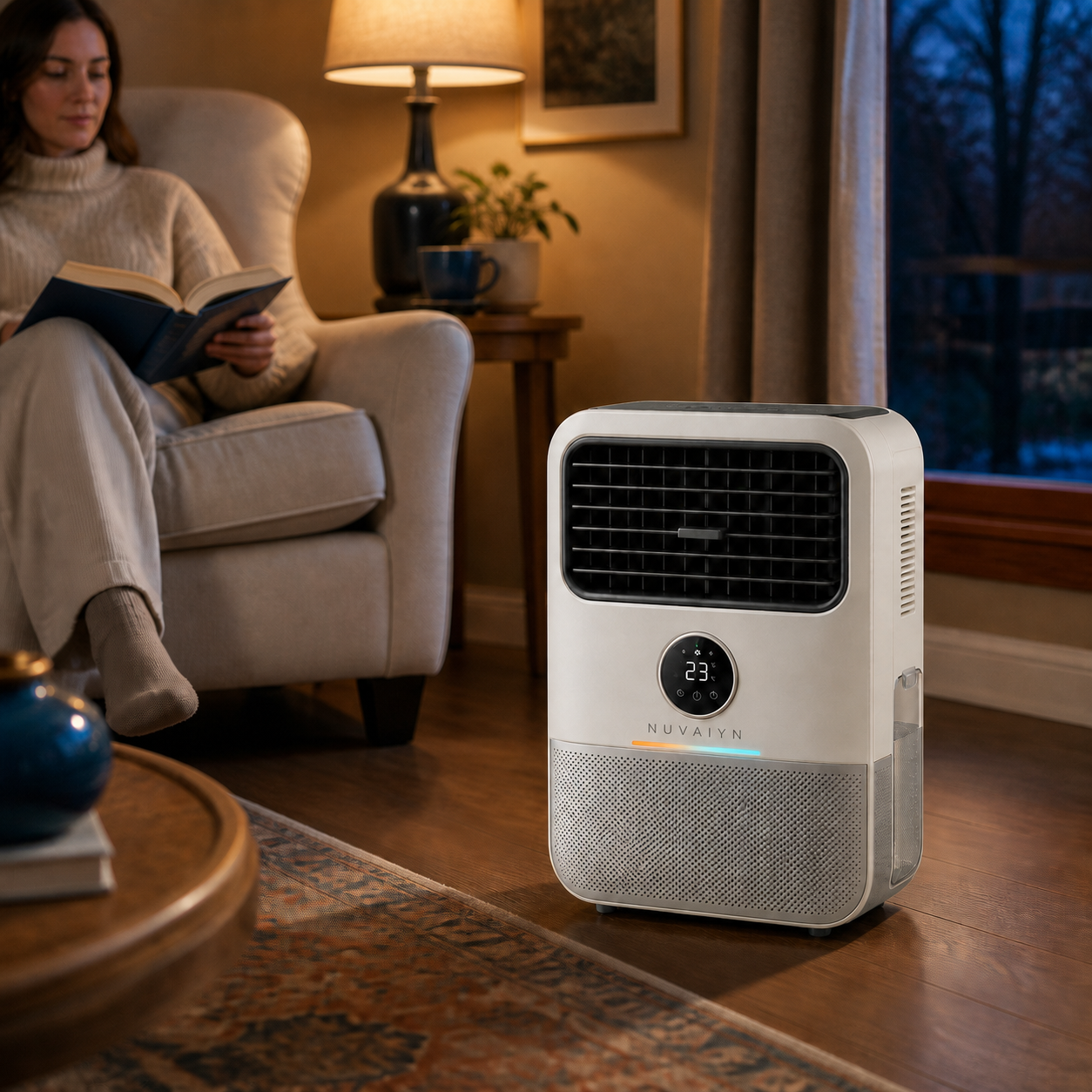Nuvaiyn ThermoPure Purification Heater Fan lifestyle scene with Nuvaiyn wordmark