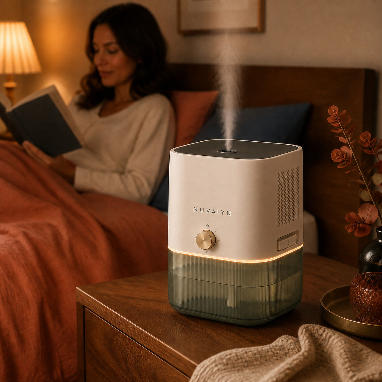 Nuvaiyn HumiScent 3-in-1 Wellness Humidifier lifestyle scene with Nuvaiyn wordmark