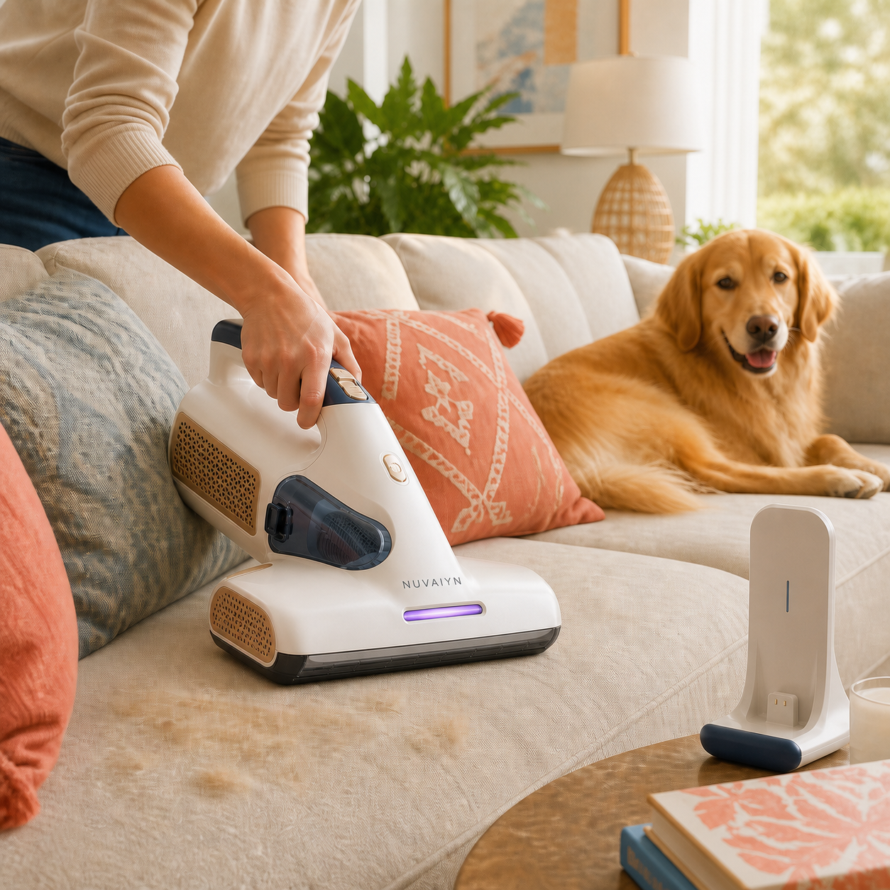 Nuvaiyn PetLume UV Allergen Care Vacuum lifestyle scene with Nuvaiyn wordmark