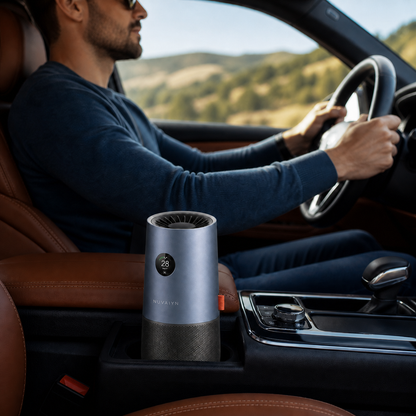 Nuvaiyn RoadSense Car Air Care System lifestyle scene with Nuvaiyn wordmark