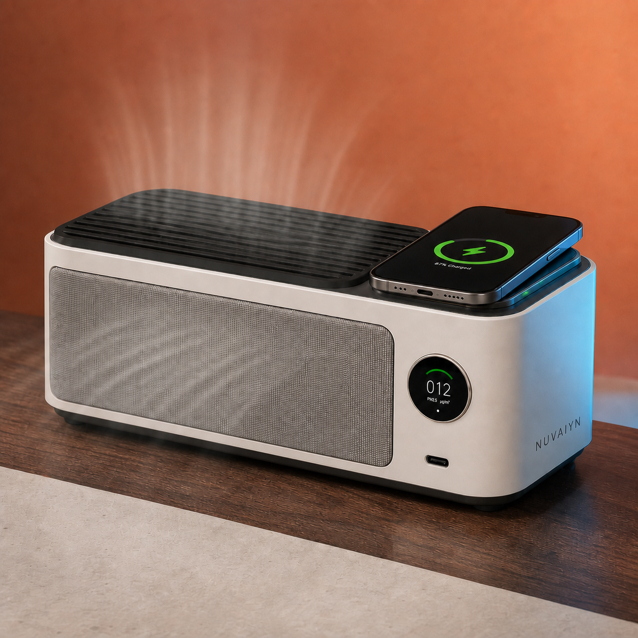 Nuvaiyn DeskHub Air and Wireless Charging Station technology detail with Nuvaiyn wordmark