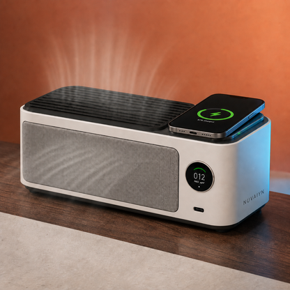 Nuvaiyn DeskHub Air and Wireless Charging Station technology detail with Nuvaiyn wordmark
