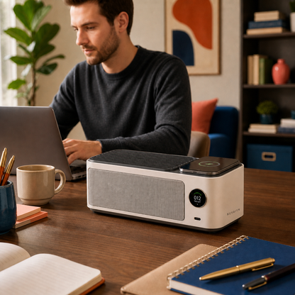 Nuvaiyn DeskHub Air and Wireless Charging Station lifestyle scene with Nuvaiyn wordmark