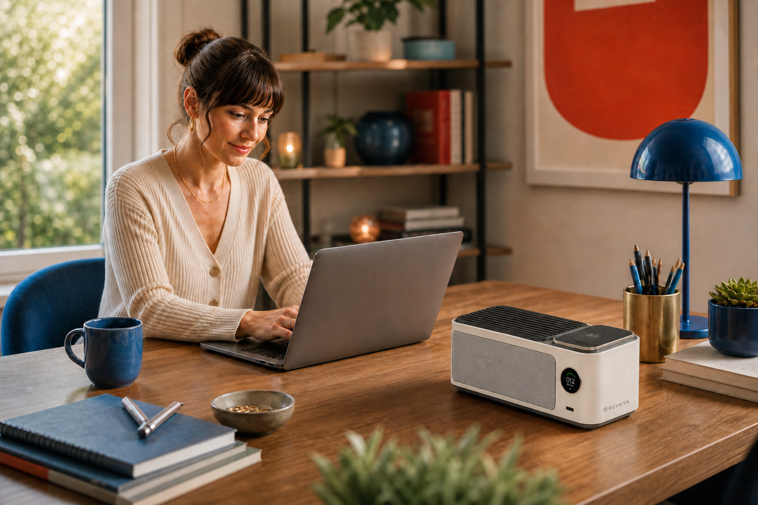 DeskHub air quality and wireless charging in a colorful home office